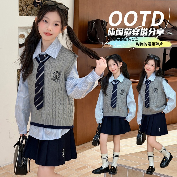 Girls' College Style Outfit Autumn 2026 New Model Little Girl's Knitted Vest, Shirt, Pleated Skirt Fashionable Three-Piece Set