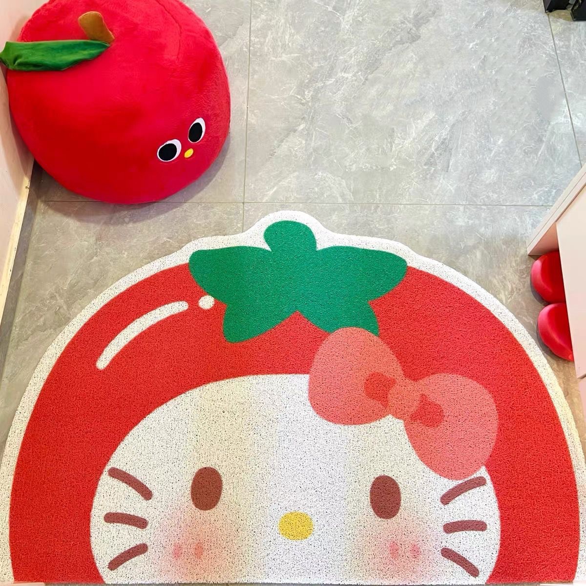 Q版ハローキティの玄関用除塵シルクサークルドアマット、家庭用玄関エリアフロアマット、カートゥーンカーペットとしても使用可能、カット可能、滑り止め付き。