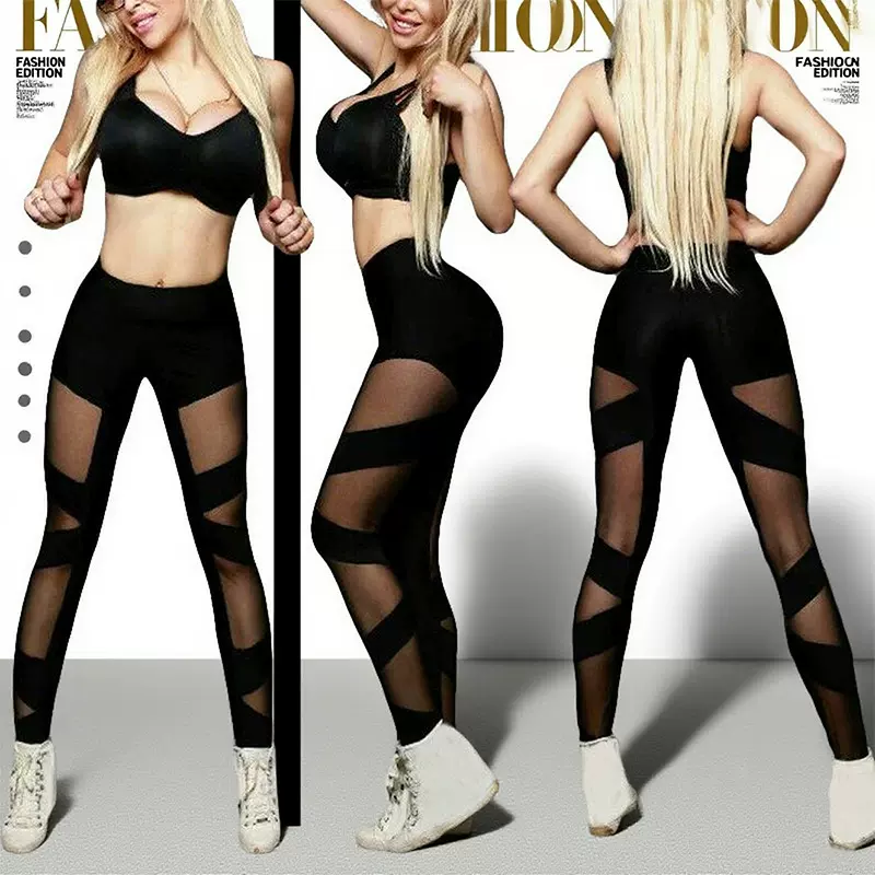 跨境爆款网纱拼接交叉运动裤性感透肉网纱瑜伽裤高弹舞蹈打底裤