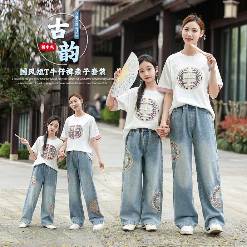 新中式国潮风亲子装2024新款T恤牛仔裤两件套夏季洋气母女装女童