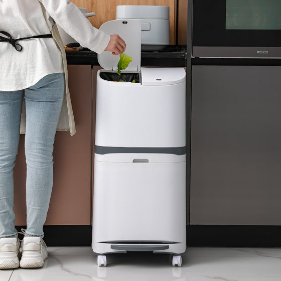 Kitchen Double-layer Sorting Trash Bin Press-type Plastic Large Trash Bin with Lid Household Square Plastic Bucket