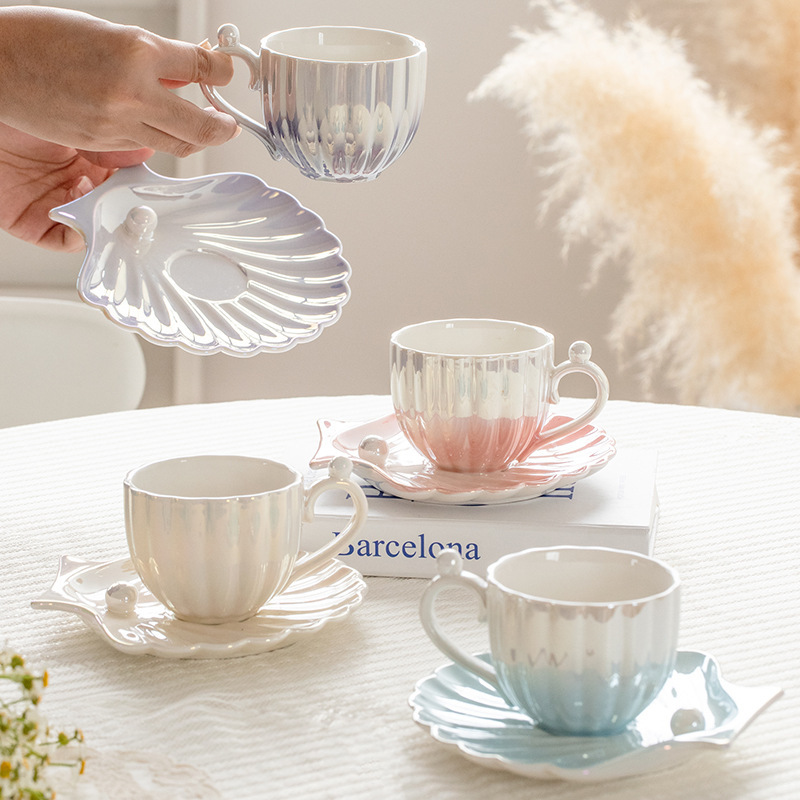 Ins Pearl Shell Ceramic Coffee Cup Saucer suit Women Design Niche Afternoon Tea Accompanying Gift Mug Ins Pearl Shell Ceramic Coffee Cup Saucer suit Women Design Niche Afternoon Tea Accompanying Gift Mug