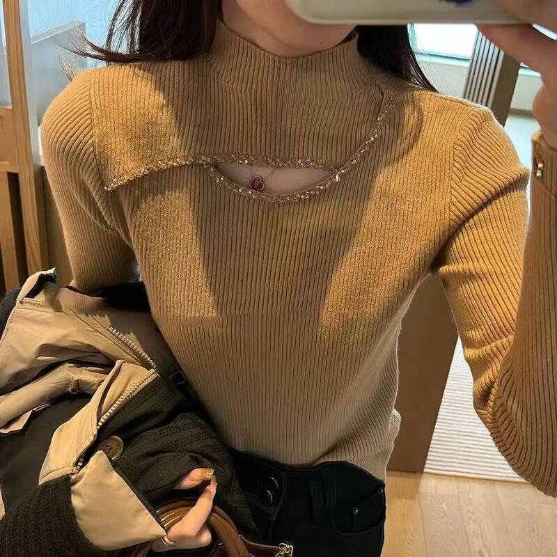 2023 autumn and winter New beaded edge hollow bottoming sweater age-reducing temperament warm solid color slim fit all-match sweater