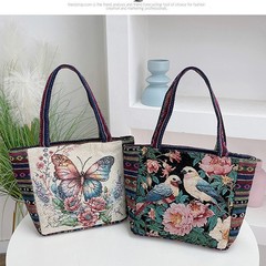 刺繍キャンバスハンドバッグ女性のエスニックスタイルハンドバッグ蝶鳥カジュアルママハンドランチボックスバッグ小さな布バッグ
