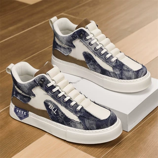 时尚秋季新款皮革拼接牛仔布潮搭平底板鞋松紧带低帮休闲运动男鞋