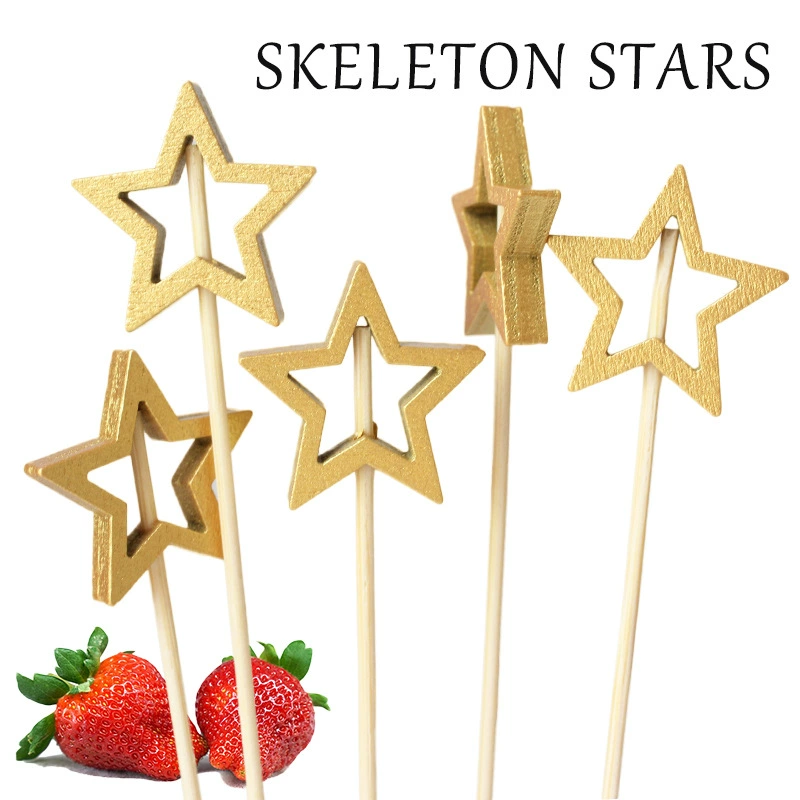 Одноразовые бамбуковые палочки Золотые серебряные полые пятиконечные звезды декоративные зубочистки фруктовые палочки для закусок 50 палочек