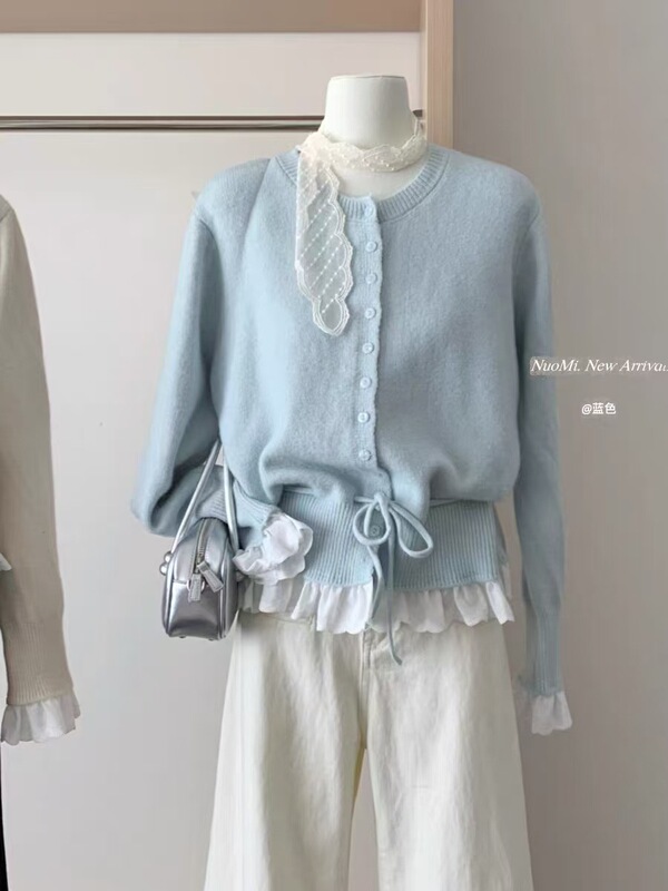 Fake Two-Piece Korean Sweet Age-Reducing Lace Waist Lace-Up Sweater for Women Autumn and Winter New Knitted Cardigan for Women