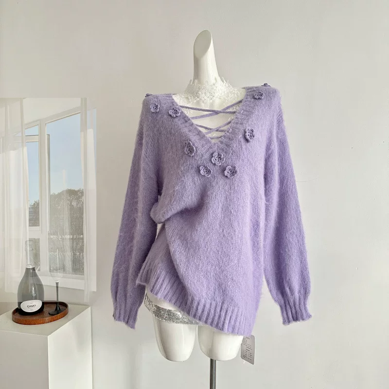 Purple demi-season three dimensional sweater, oversize, flowered