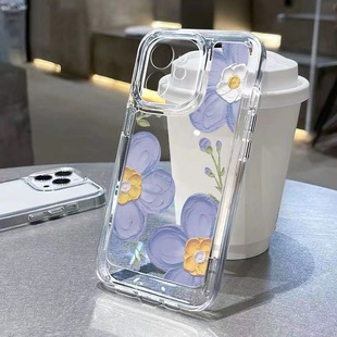 Oil Painting Blue Flowers Suitable for 15Pro Apple 17Promax Phone Case Iphone16 Cross-Border 14Pro Girl 13