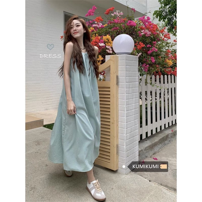 프랑스 스타일 원피스 해변 휴가 원피스 여성 여름 틈새 디자인 감각 느슨한 민소매 선박 원피스 비치 롱 원피스