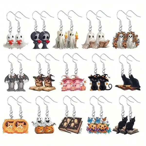 Cross-Border Halloween Themed Hanging Earrings Cute Party Series Owl Magic Hat Cat Ghost Decoration Earrings