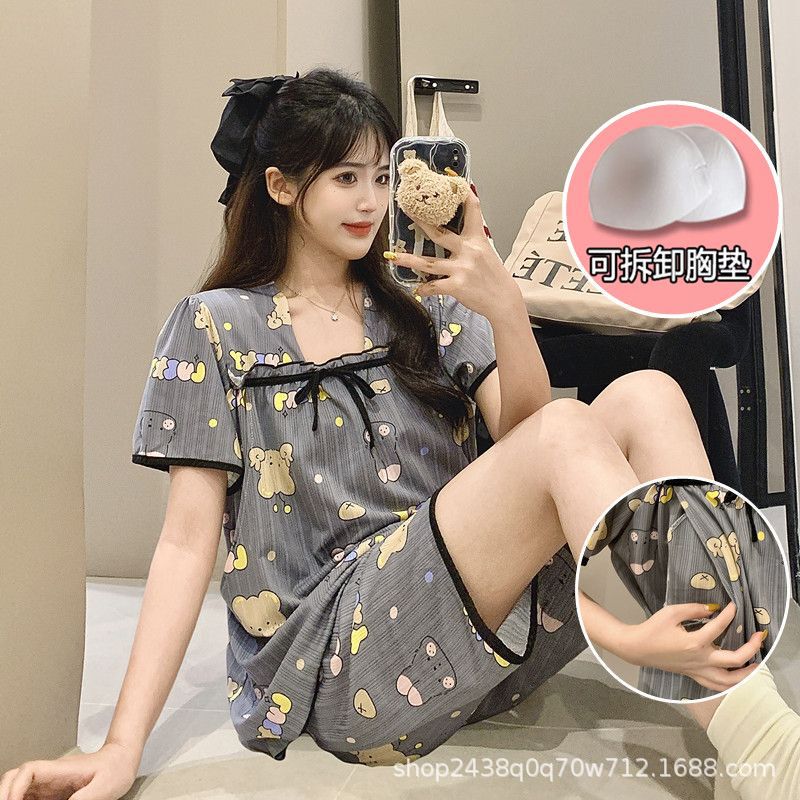 2025 Summer New Style Pajamas Female Pregnant Women Cute Cartoon with Chest Pad Breastfeeding Moon Clothes Short Sleeve Shorts suit