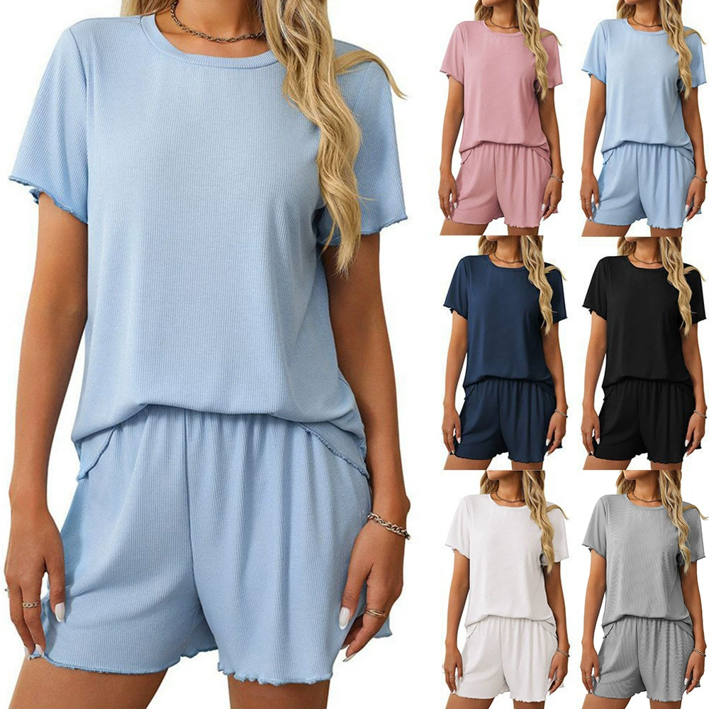 Трансграничная европейская и американская женская одежда 2025 лето новый Amazon сплошной цвет ямы пижамы с короткими рукавами
