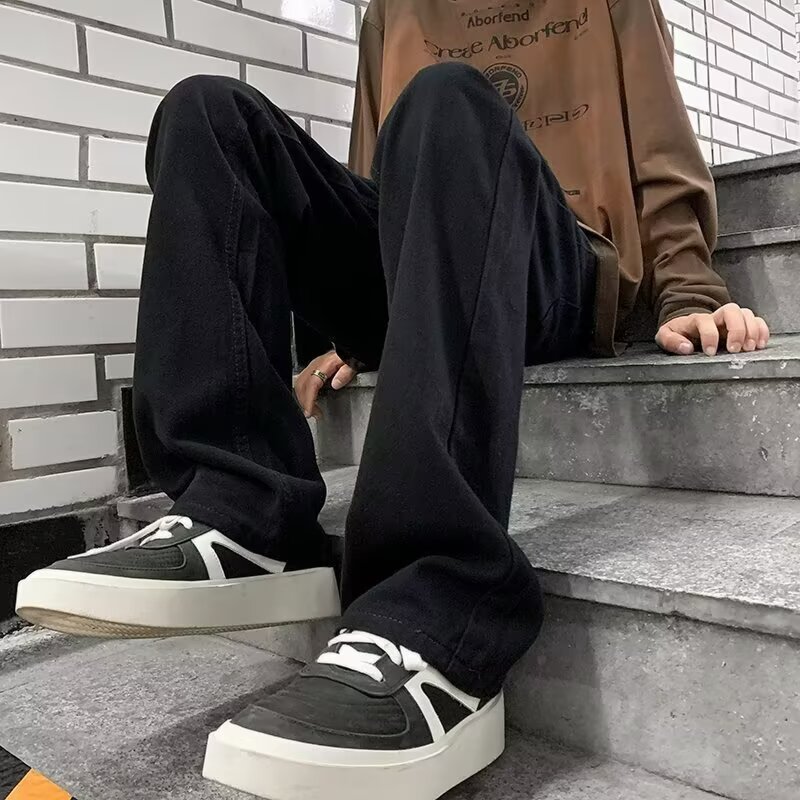 白色美式微喇牛仔裤男秋季新款显高显瘦男生窄版修身高街弯刀裤子|undefined
