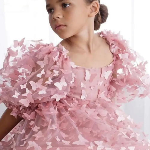 International Children's Bubble Sleeve Formal Dress with 3D Butterfly Design, Net Fabric, Fluffy Princess Dress, Backless Performance Costume