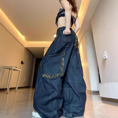 美式高街复古豹纹拼接大口袋牛仔裤女休闲宽松百搭爵士弯刀裤长裤