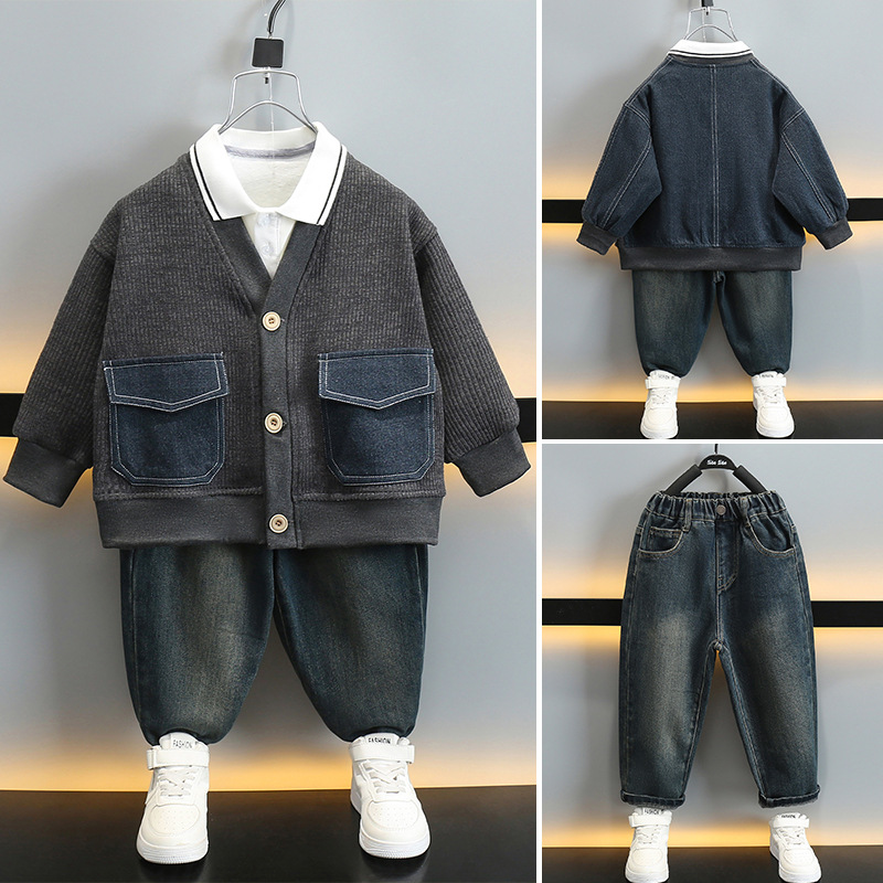 소년의 봄과 가을 세트 2024 새로운 서양식 데님 바느질 어린이 캐주얼 투피스 세트 어린이 대외 무역 아동복 트렌디