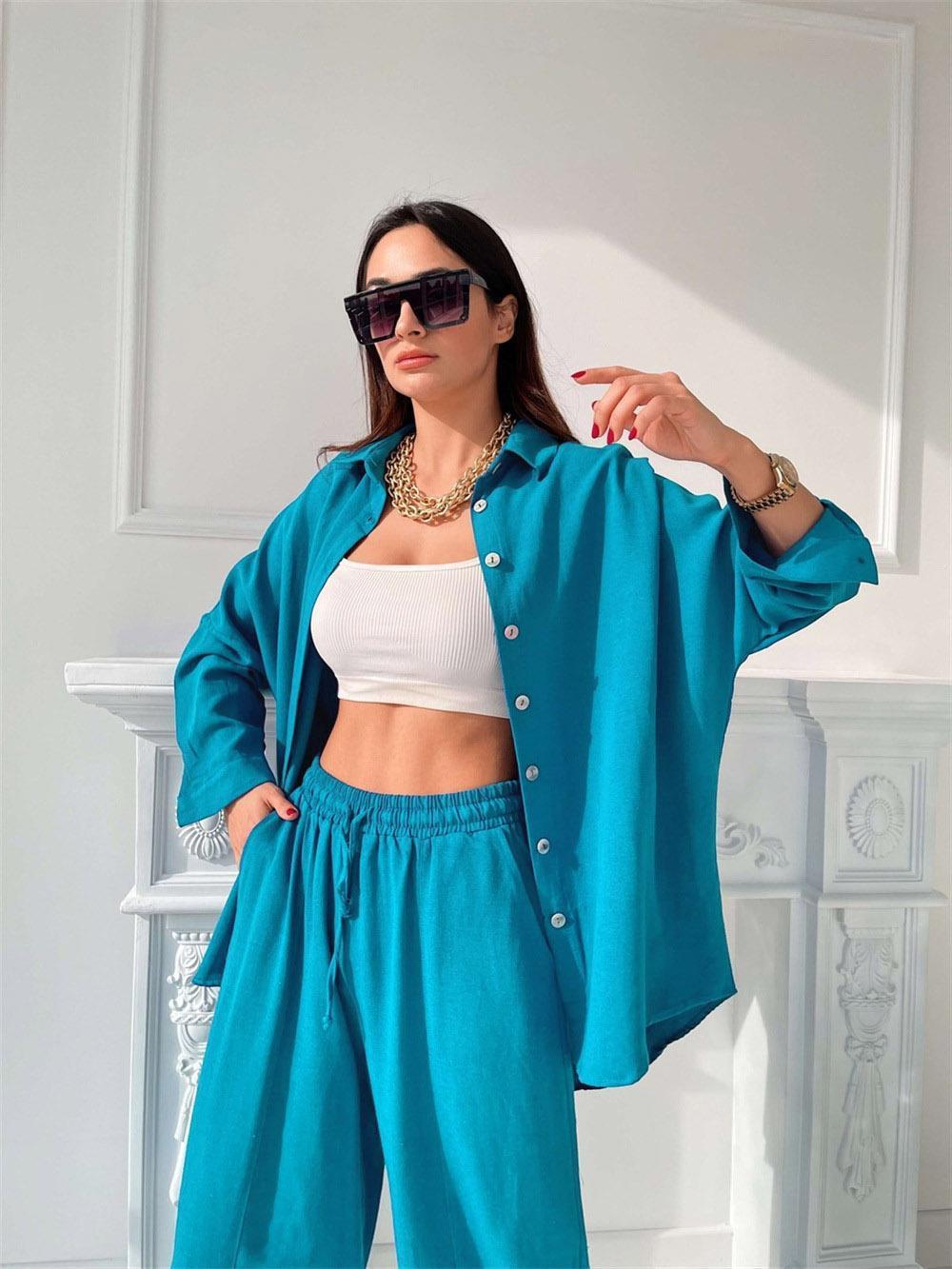 Nouvel ensemble décontracté européen et américain, couleur unie, col Polo, manches longues, petit haut, pantalon Harlan, ensemble deux pièces_voghion.com