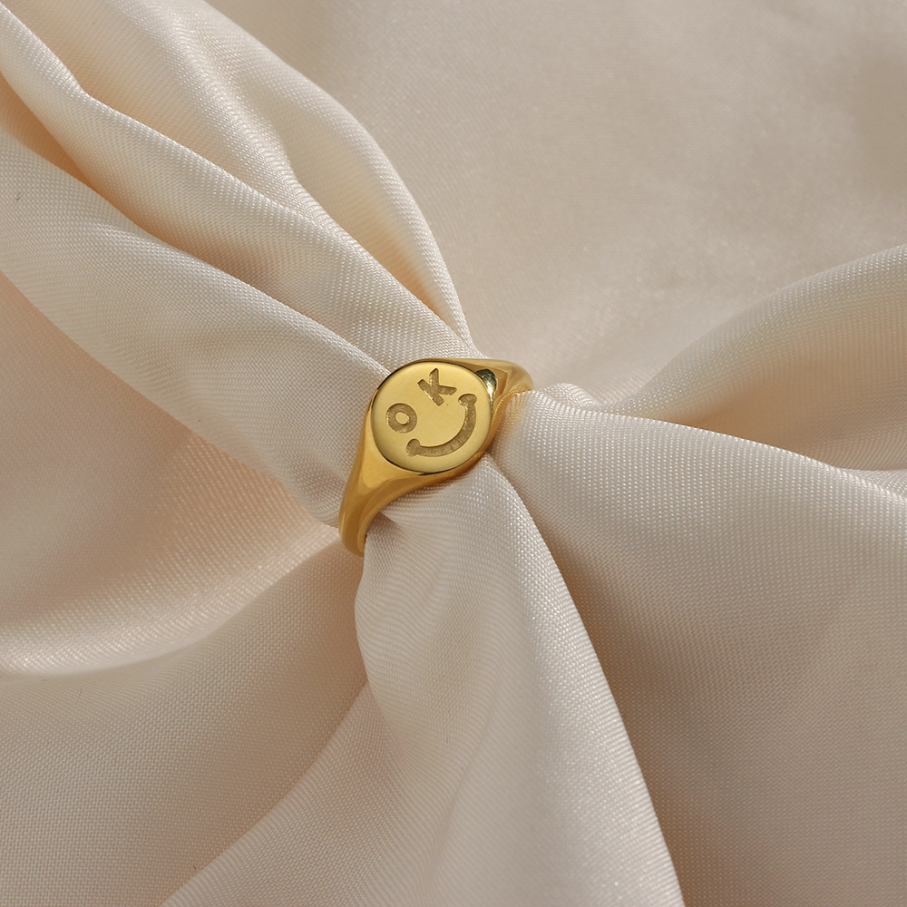 Fashion OK Smiley Facial Expression Gold round Cute Stainless Steel Ring
