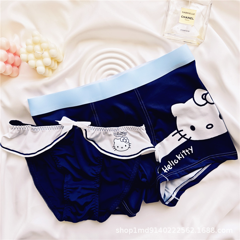 41143Sn Couple Underwear Kitty Two-Dimensional Navy Style Series Comfortable Women's Briefs and Men's Boxer Briefs