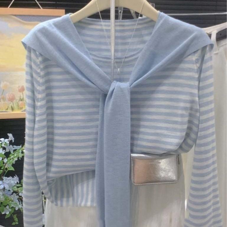 早秋新款多巴胺披肩条纹冰丝针织衫女秋季韩系穿搭两件套上衣薄|undefined