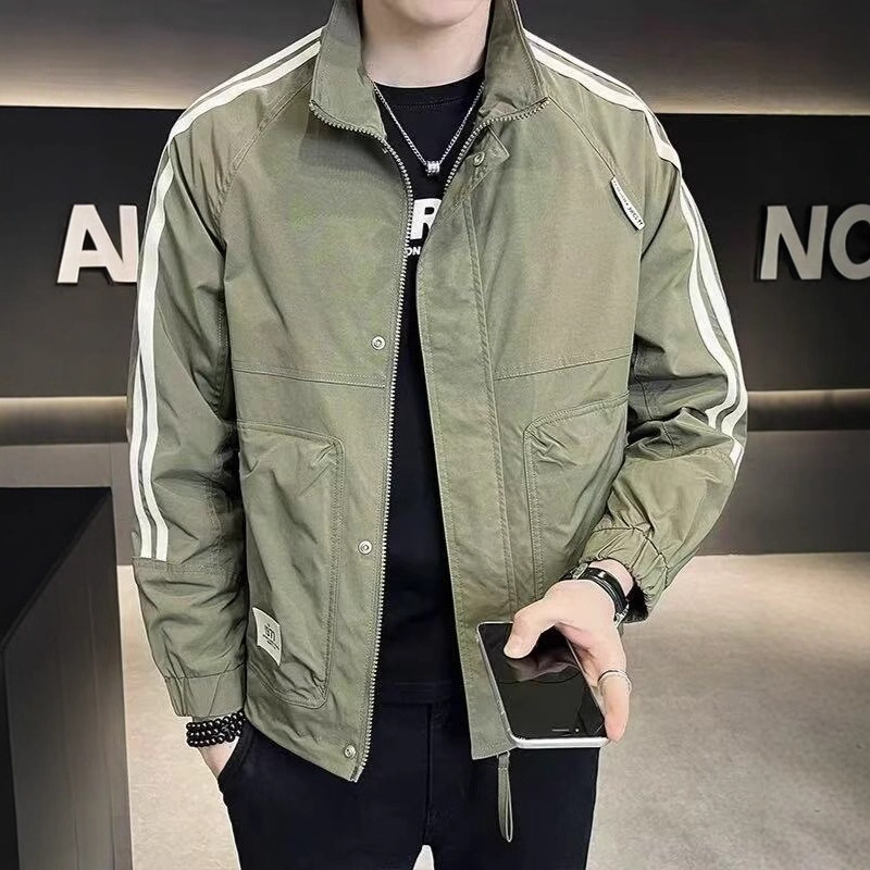 春秋季新款条纹拼色立领工装外套男士潮流休闲百搭修身飞行员夹克|undefined