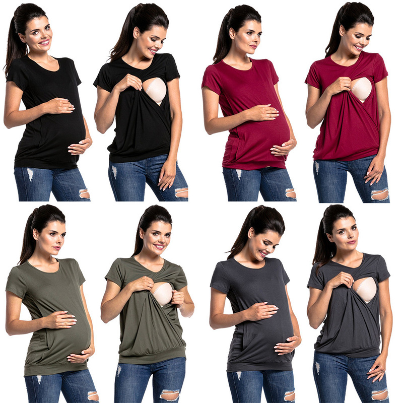 Factory Ready-Made European and American New Round Neck Short-Sleeved Maternity Wear Fashionable Breastfeeding T-Shirt