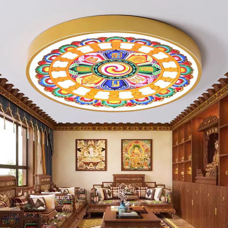 Xizang Auspicious Eight Treasures Figure Living Room LED Ceiling Light Buddha Hall Round Lotus Banquet Hall Hotel Sanskrit True Words Prayer