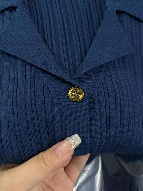 蓝色翻领针织开衫女复古韩系早秋穿搭修身内搭打底衫V领长袖上衣|undefined
