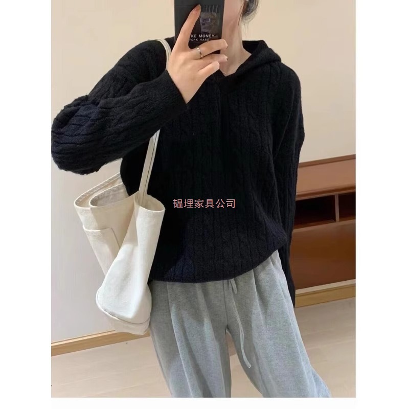 慵懒风复古麻花连帽毛衣女春秋新款小个子内搭打底针织衫灰色上衣