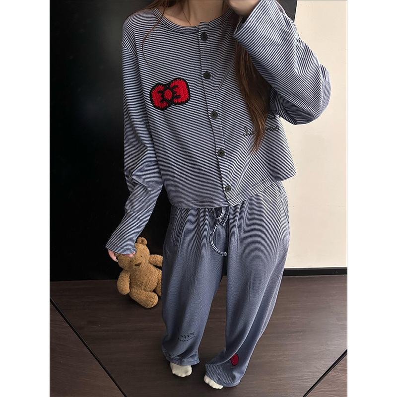 韩系ins简约蝴蝶结条纹印花睡衣女秋季2025慵懒风舒适家居服套装|undefined