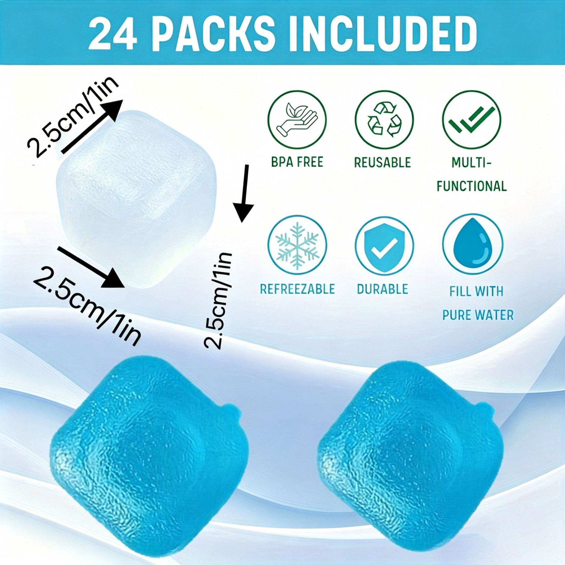 Envío gratis de 24 cubitos de hielo reutilizables, cubitos de hielo de plástico azules y blancos para bebidas, lavables y de calidad alimentaria.