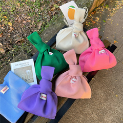 New Pure Color Label Fashion Knitted Wool Thread Hand-held Bag Korean Style Versatile Casual Woven Top Handle Bag Bucket Trendy Bag