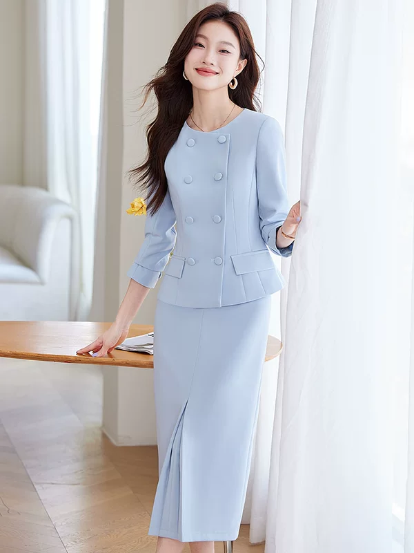 Blue skirt, set, classic suit jacket, slim fit