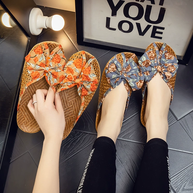 Новые летние плетеные льняные тапочки женские корейские банты