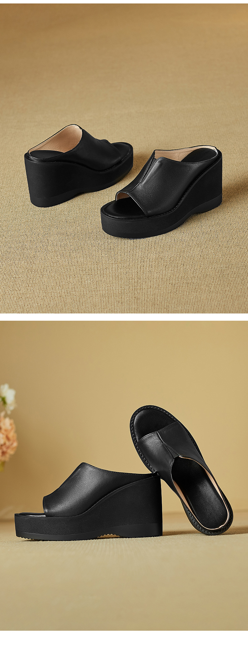 Sandal cao gót nữ đế xuồng platform gót 9 cm, da bò thật, quai ngang — màu đen, màu mơ chi tiết 12
