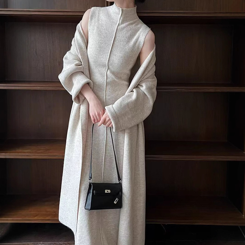 Autumn and Winter New Fashion Elegant High-Neck Dress Two-Piece Set Lazy Style Long Knitted Cardigan Sweater Suit for Women Autumn and Winter New Fashion Elegant High-Neck Dress Two-Piece Set Lazy Style Long Knitted Cardigan Sweater Suit for Women