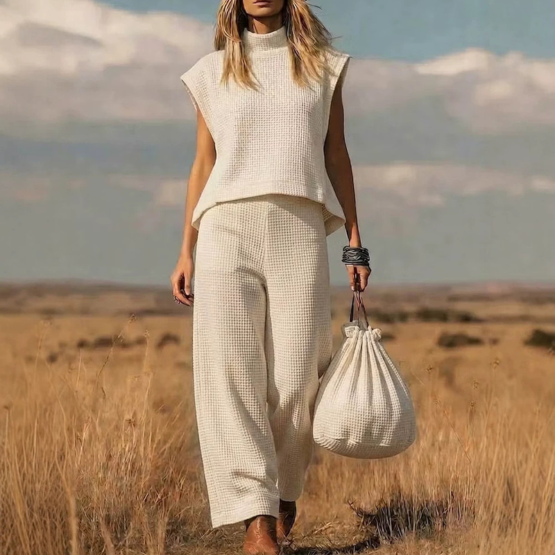 European and American Cross-Border Amazon Women's Clothing Autumn and Winter Waffle Knit Two-Piece Set Sleeveless Vest Loose Pants Casual Set European and American Cross-Border Amazon Women's Clothing Autumn and Winter Waffle Knit Two-Piece Set Sleeveless Vest Loose Pants Casual Set