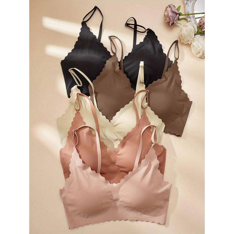 2025 New Cross-Border Dropshipping Women's Solid Color Scallop Trim Wireless Push-Up Seamless Bra