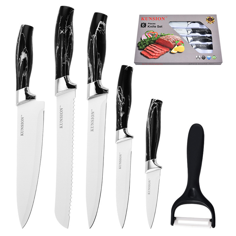 Cuchillos de acero inoxidable al por mayor, juegos de cuchillos de chef para el hogar, utensilios de cocina de seis piezas resistentes a la oxidación para la cocina en stock