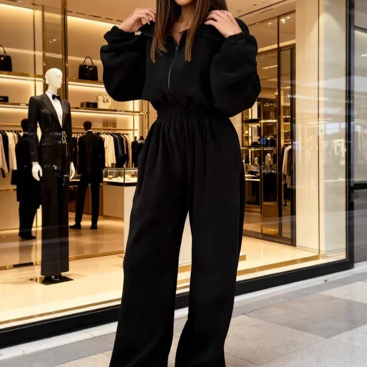 European and American Spring and Autumn Women's New Fashion Long-Sleeve Jumpsuit with Half-Button Closure and Elastic Waist, Casual Women's Jumpsuit Set