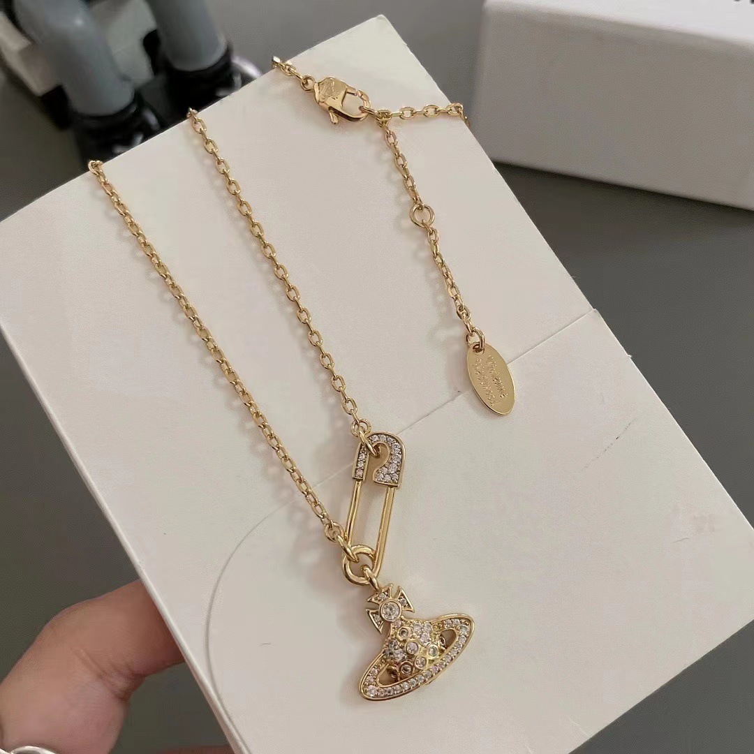 Empress Dowager Full Diamond Saturn Pin Chain Necklace Women's Hollow Shine Paper Stacked Clavicle Chain High Version
