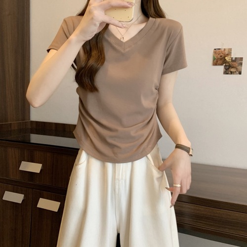 92 cotton small right shoulder V-neck short-sleeved T-shirt for women pure lusty summer solid color waist sweet and spicy slim short top