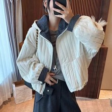 欧货撞色薄款连帽棉衣短外套女2025秋季新款宽松休闲棉服夹克上衣