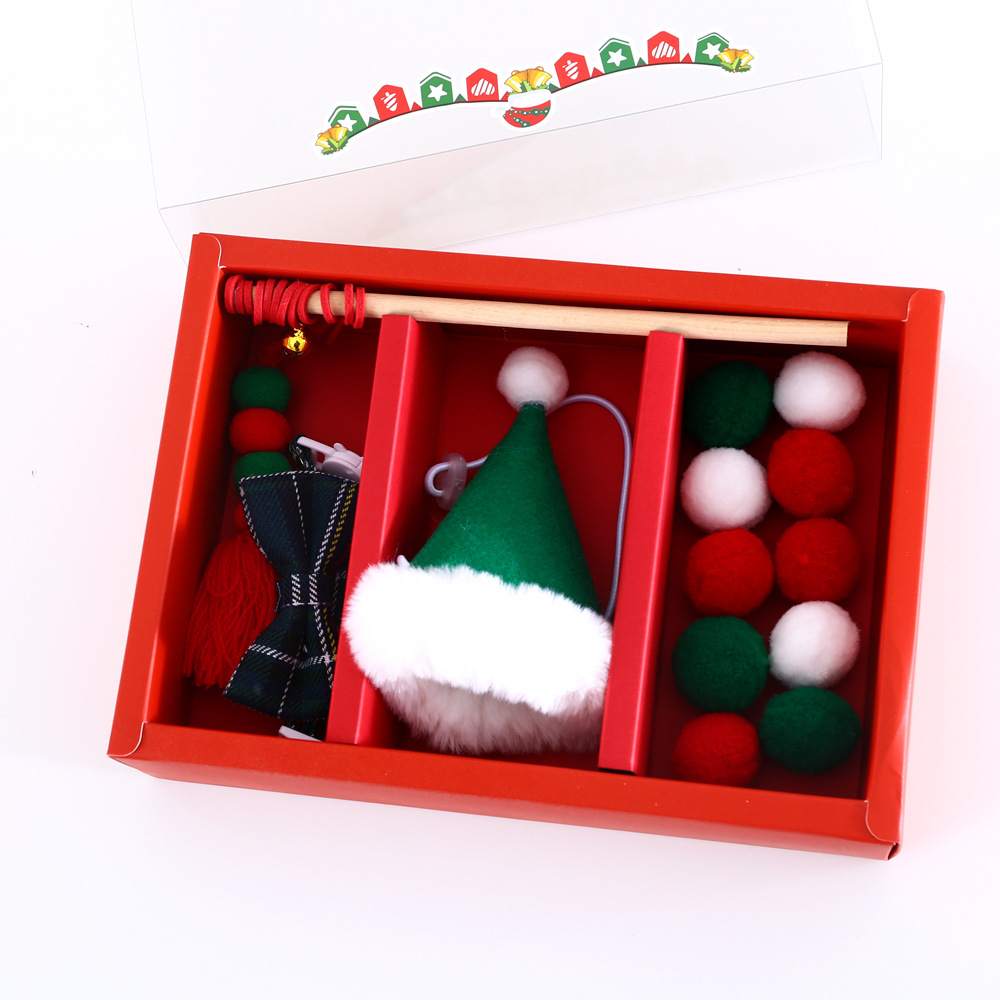Mascota gato Santa Claus árbol sombrero pajarita collar divertido gato palo felpa molar sonido interactivo conjunto de juguetes caja