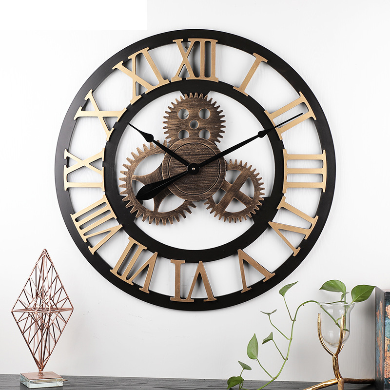 复古挂钟木质齿轮装饰墙钟个性罗马工业风客厅钟表静音创意挂钟