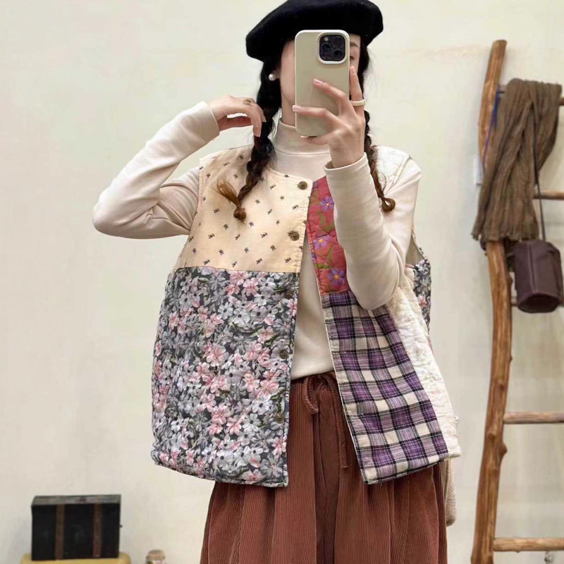 Winter New Sweet Forest Style Asymmetrical Color Block Patchwork Quilted Vest Women's Round Neck Warm Vest Western Style Jacket