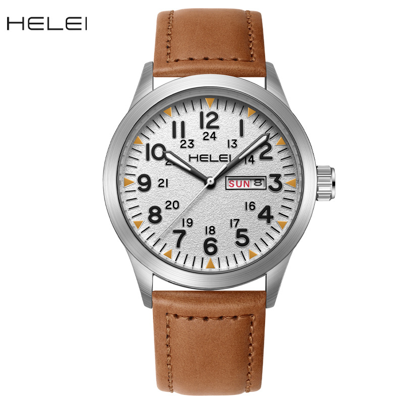 New Brand HELEI Men's Watch Genuine Leather Waterproof Luminous Wrist Watch Quartz Watch Calendar Week Display_voghion.com