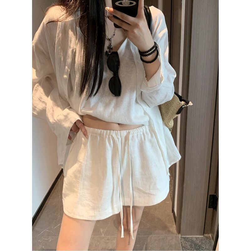 [Zhejiang Craftsmanship] White Shorts for Women, Summer 2026 New Style, Petite Loose A-Line Casual Cotton-Linen Wide-Leg Shorts