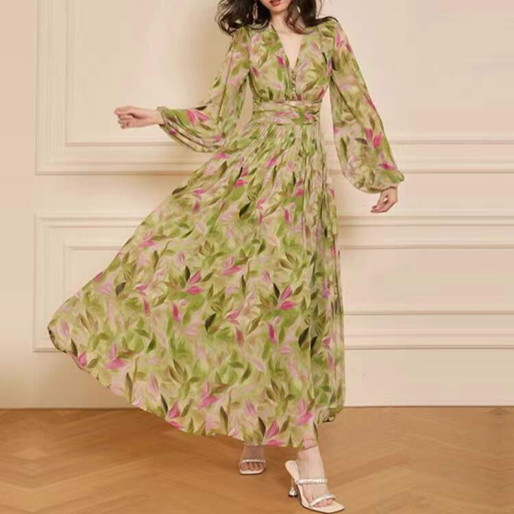 E/French-Style White Gardenia Jasmine Women's Dress with V-Neck and Waist-Cinching Design, Fashionable and Elegant Printed Long Dress, Factory Direct Sale E/French-Style White Gardenia Jasmine Women's Dress with V-Neck and Waist-Cinching Design, Fashionable and Elegant Printed Long Dress, Factory Direct Sale